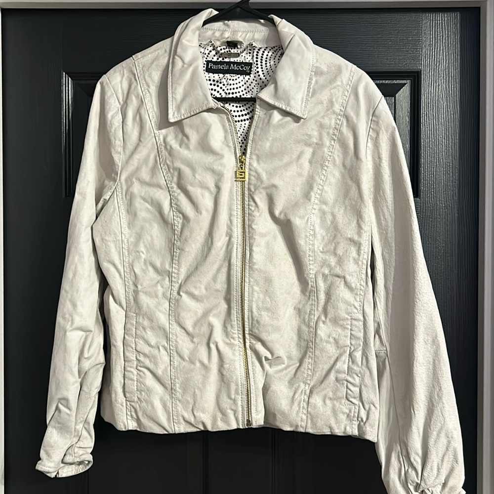 Cream colored Pamela McCoy Leather Moto Jacket